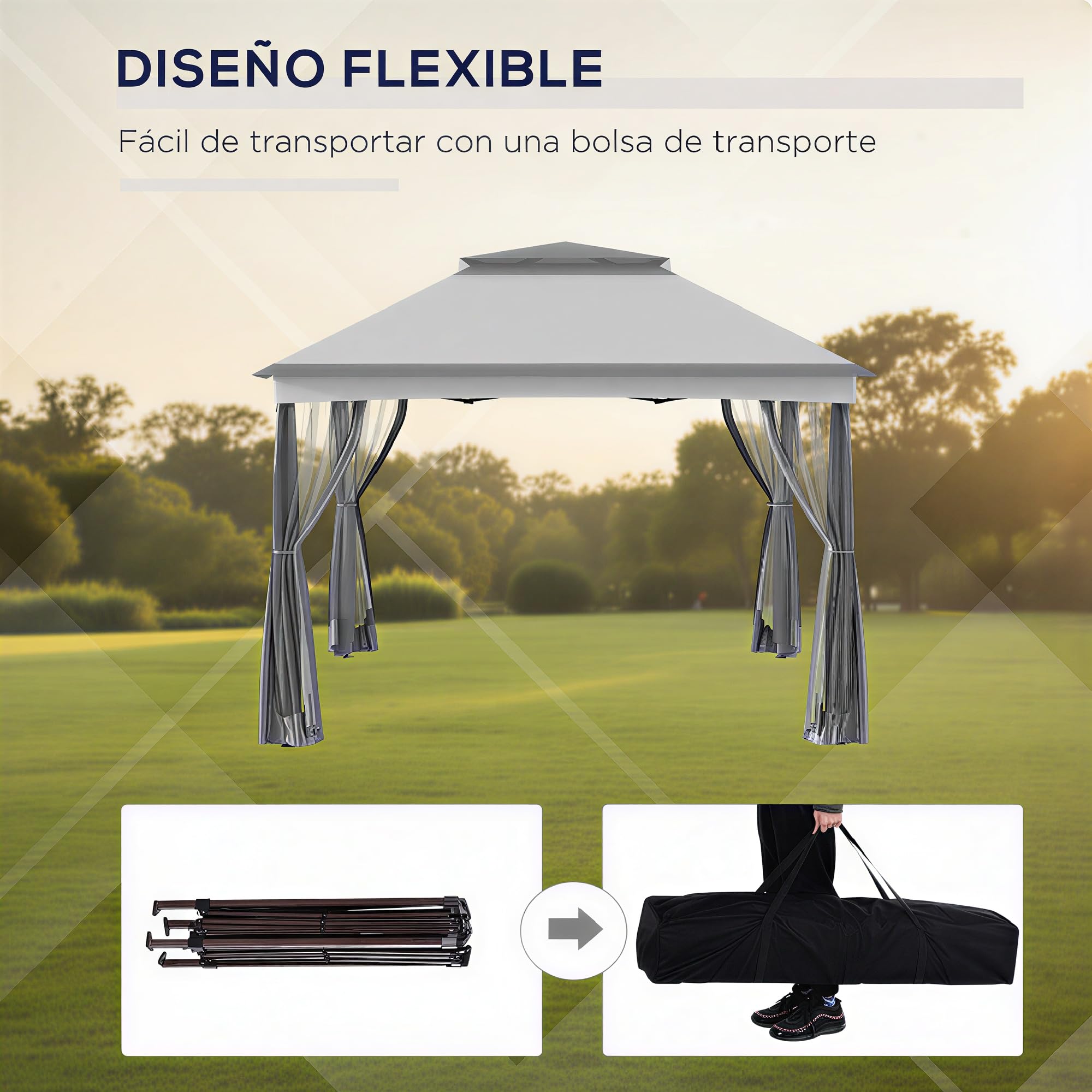 Outsunny Carpa Plegable Gazebo 3,3x3,3 m con 4 Paredes Laterales Gris Claro | Cenador Plegable, Malla Anti-UV, Bolsa de Transporte, para Camping Fiestas