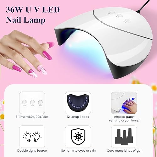 Miniatura 5 de Phoenixy Kit de esmalte de uñas de gel con luz UV, kit de 36 piezas de uñas de gel rosa, rojo, marrón, azul, verde, kit de iniciación de manicura,