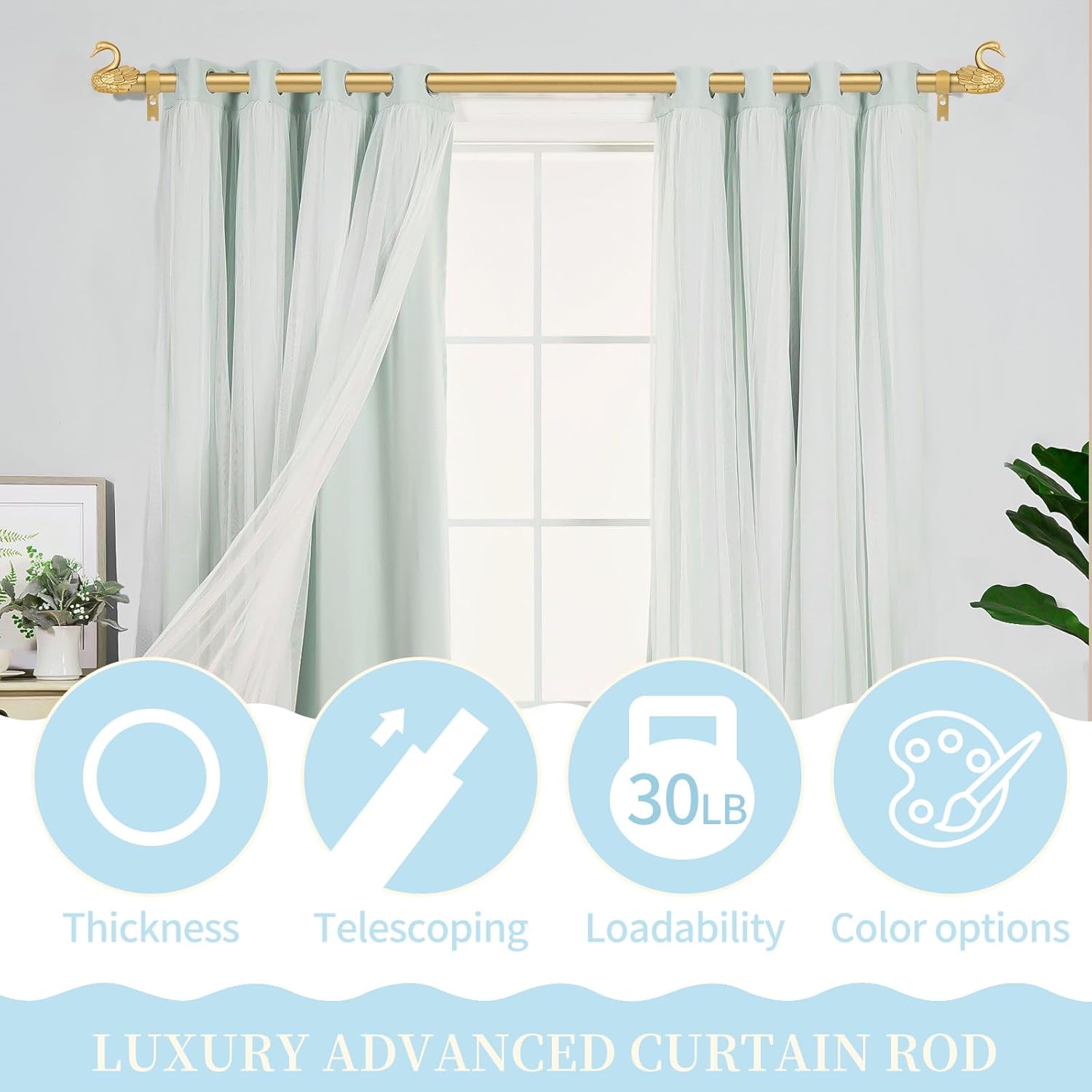 2 Pack Gold Curtain Rods 66 to 120 Inch,1 Inch Heavy Duty Curtain Rod with Brackets,Adjustable Window Decorative Swan Finial Drapery Pole,Single Rod For Bedroom 66-120",Brass Gold