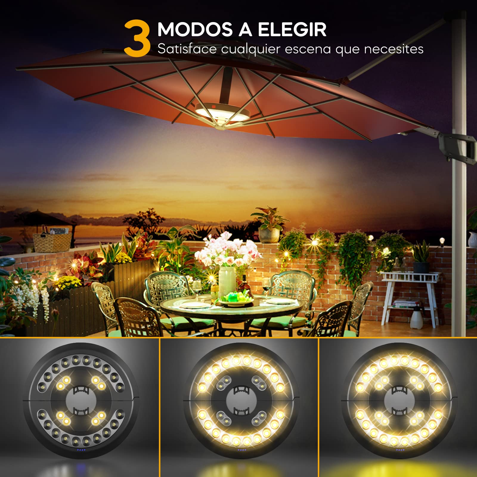 Luces para Sombrillas, Eletorot Luz Sombrilla Exterior 3 Modos de Iluminación USB Recargable Lámpara Paraguas Para Piscina, Patio, Terraza, Jardín y Playa