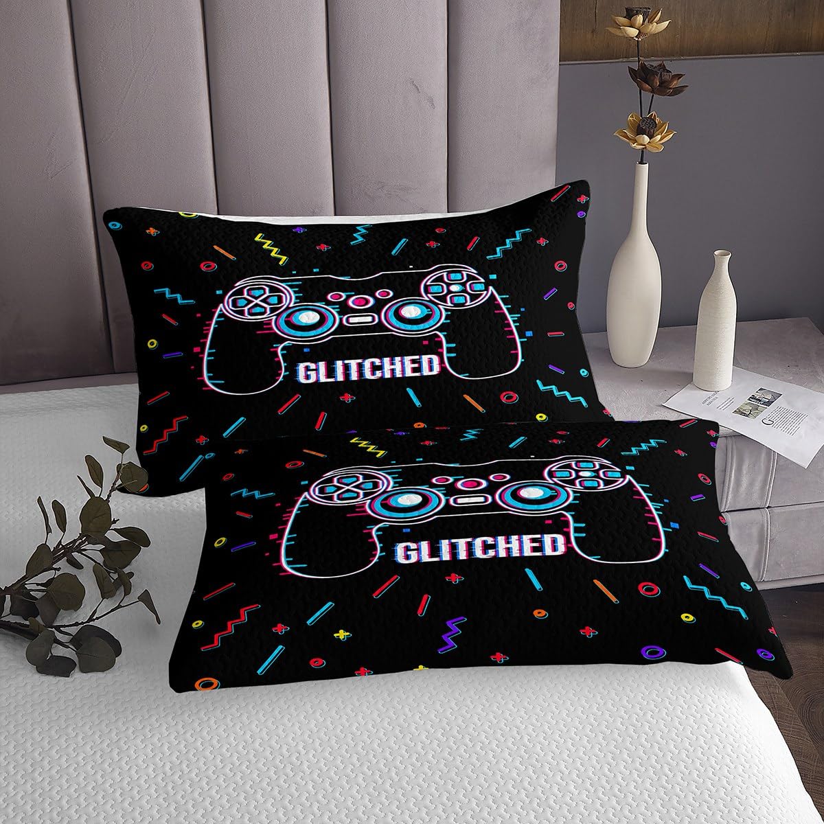 Gamer pikowana narzuta gracz kontroler gry pikowana narzuta dla dzieci chłopców dziewcząt nastolatków gry wideo zestaw narzut konsola gracza pikowana 3 szt. rozmiar king