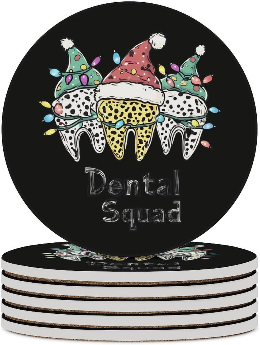 Dentist Christmas Dental Squad Leopard Funny Round Ceramic Coasters for Drink Absorbent Cup Holders Tabletop Protection