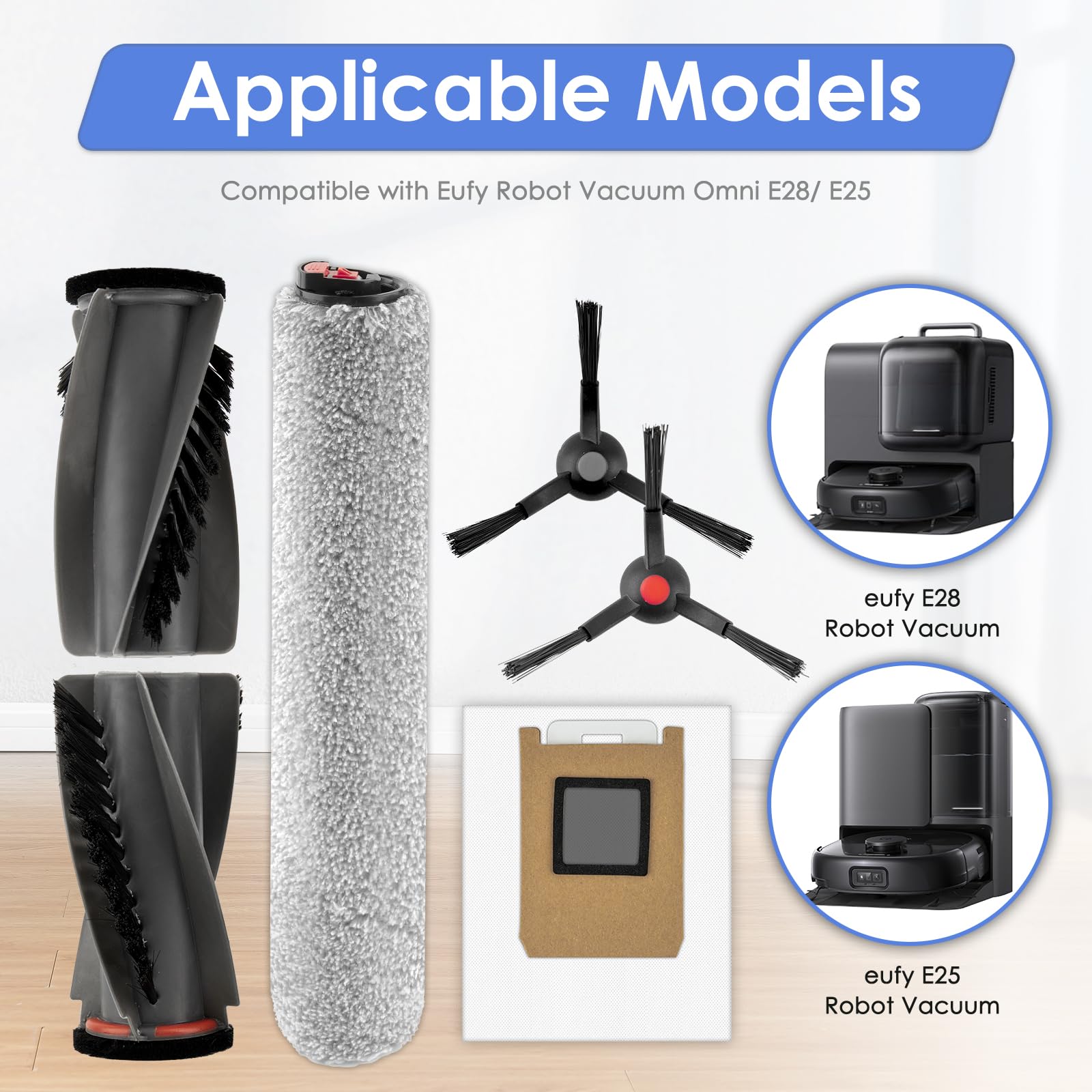 Paquete de 16 piezas de repuesto E28 E25 Omni compatibles con aspiradora robótica Eufy E28 Omni/E25 Omni, 2 cepillos de rodillo, 2 rodillos de cepillo, 4 cepillos laterales, 4 filtros HEPA, 4 bolsas