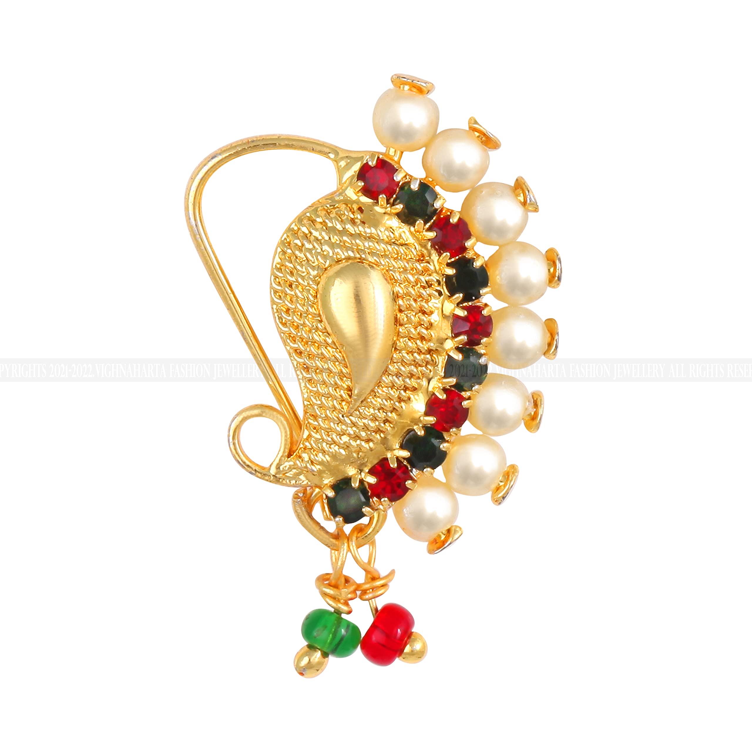 Vighnaharta Gold Plated Mayur Design with Pearls and AD Stone Alloy Maharashtrian Nath Nathiya./ Nose Pin valentine day gift valentineday gift for her gift for him gift for women gift for women VFJ1020NTH-TAR-image-49