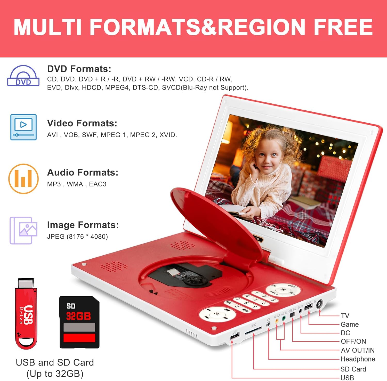 HotHat Portable DVD Player showing various supported formats and input ports like USB, SD card, AV, and game port.