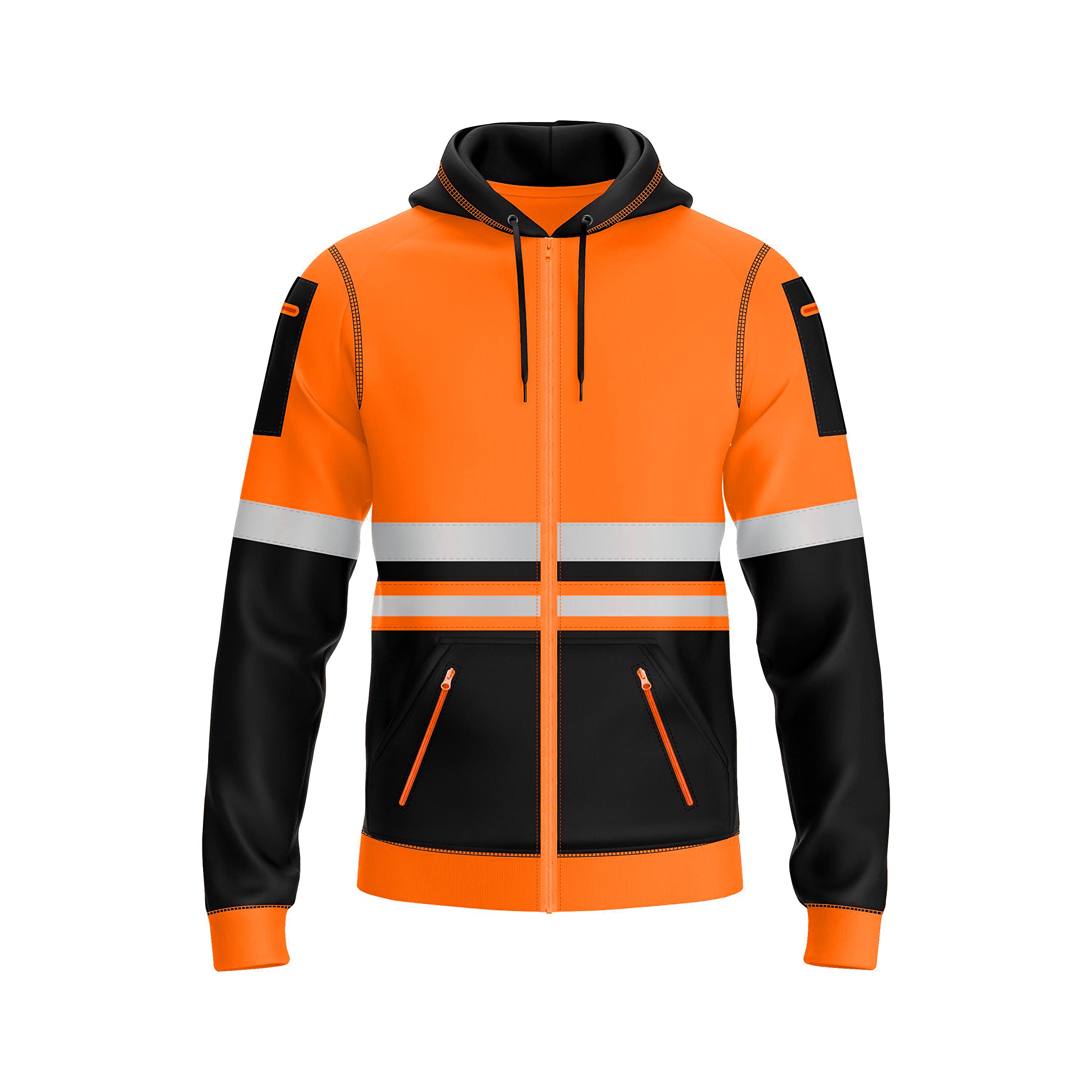 mymixtrendzMens Hi Vis Zip Up Multi Zipper Pockets Safety Work Wear Hoodie Reflective Tape High Viz High Visibility Zipper Hoodie Sweatshirt S-2XL