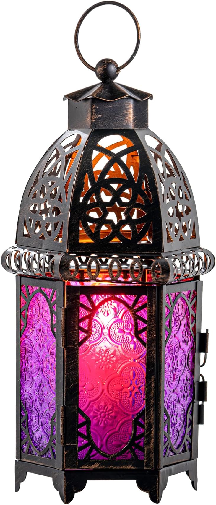 DECORKEY Halloween Decorations Indoor, Purple Decorative Candle Lantern for Moroccan Light Decor, 12.8’’ Vintage Metal Hanging&Tabletop Lantern, Ramadan Lantern for Home Outdoor Patio(Purple)