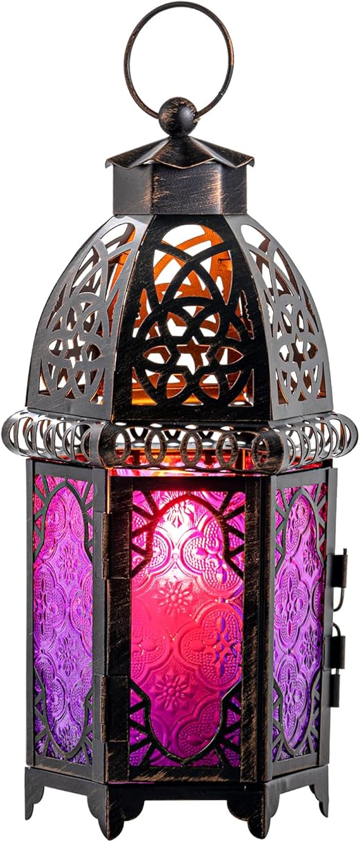 DECORKEY Moroccan Decorations Indoor, Purple Decorative Candle Lantern for Halloween Light Decor, 12.8’’ Vintage Metal Hanging&Tabletop Lantern, Ramadan Lantern for Home Outdoor Patio(Purple)