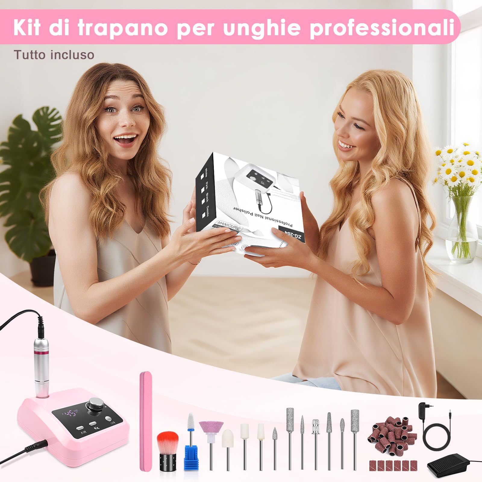 Fresa per Unghie Professionale 45000RPM Lima Unghie Elettrica con LED Intelligente e Modalità Pedale Manicure e Pedicure Kit Trapano Elettrico per Unghie Gel, per Studio Estetiste Casa Regali