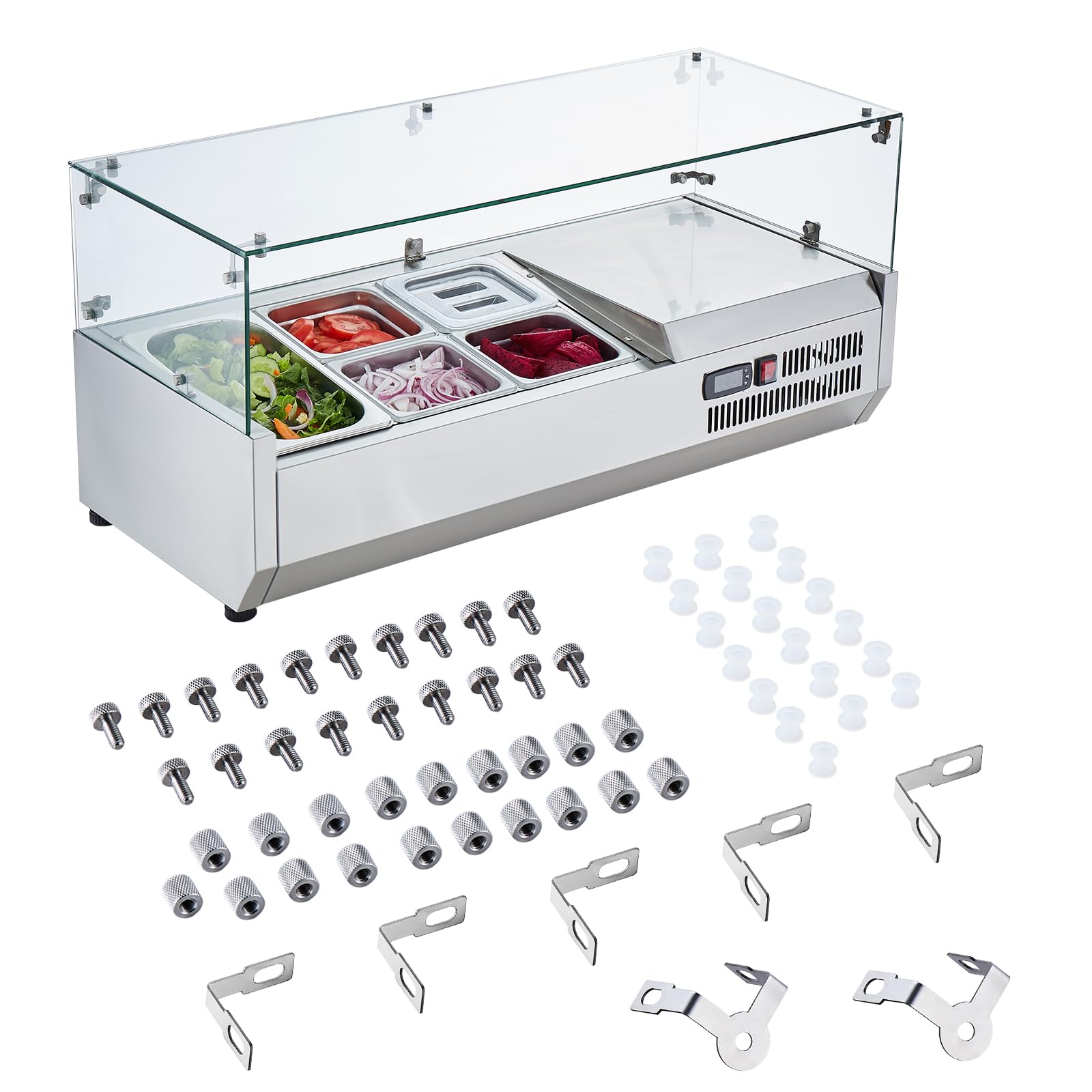 VEVOR Saladette Réfrigérée à Poser 140 W, Vitrine Réfrigérée pour Pizzeria, avec 1 1/3 Casseroles et 4 1/6 Casseroles, Corps en Inox 304 et Couvercle en PC, pour Préparation de Sandwich Ingrédients