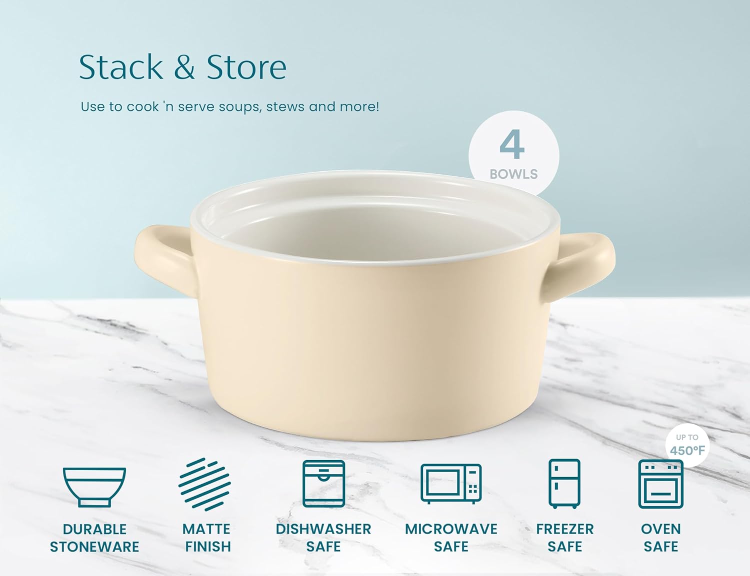 Kook Soup Crocks, Ceramic Stackable Bowls, Broil, Oven, Microwave and Dishwasher Safe, with Handles, For Casserole, Pasta, Cereal, Capacity 18 oz, Set of 4 (Ivory)