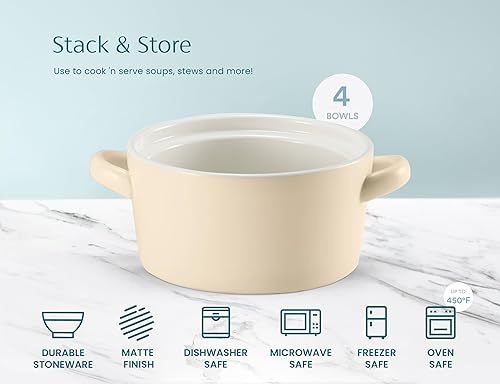 Vista 26 de Kook Cuencos apilables de cerámica, aptos para horno, microondas y lavavajillas, con asas, para cazuela, pasta, cereales, capacidad de 18 onzas