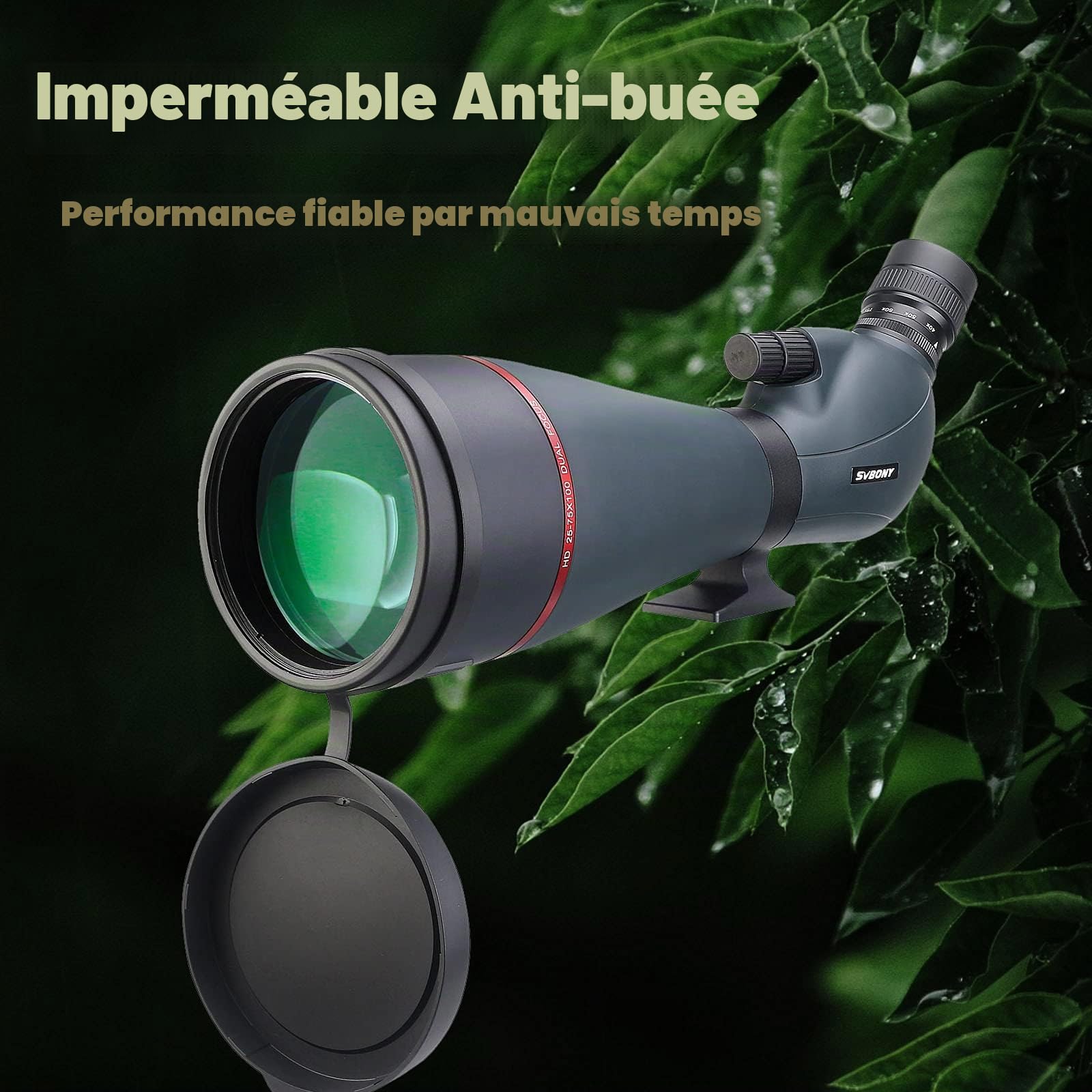 Svbony SV406 Longue Vue 25-75x100 Double Foyer, Étanche Longue Vue Puissante, HD Lentille FMC Prisme de Porro avec Revêtement Incliné Spotting Scope Monoculaire pour Observation des Oiseaux