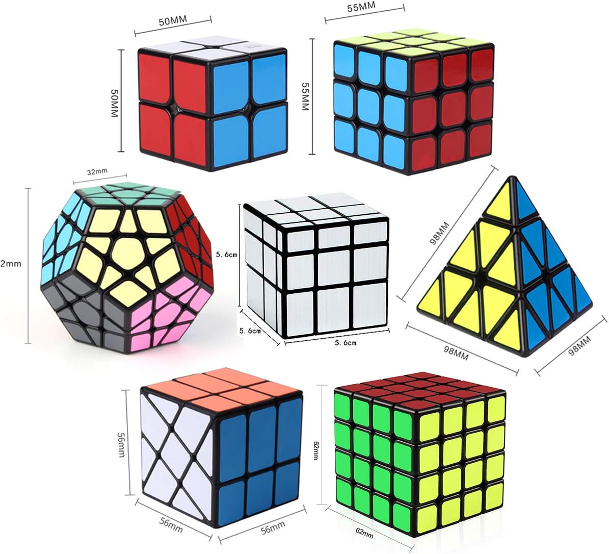 Speed Cube Set, Puzzle Cube Bundle with Axis, Fisher, Ivy, Windmill, Skew, Megaminx and Pyramid Cubes, Smooth Magic Cubes Collection for Kids Teens & Adults (7 Pack)