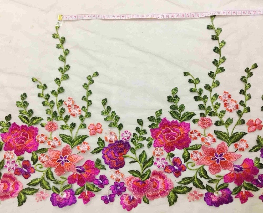 15.7" Width Floral Flower Colorful Embroidered Lace Trim Lace Fabric Sewing on Applique Patches by The Yard for DIY Handmade Clothing Evening Dress Home Decoration (2 Yard(Black Mesh))