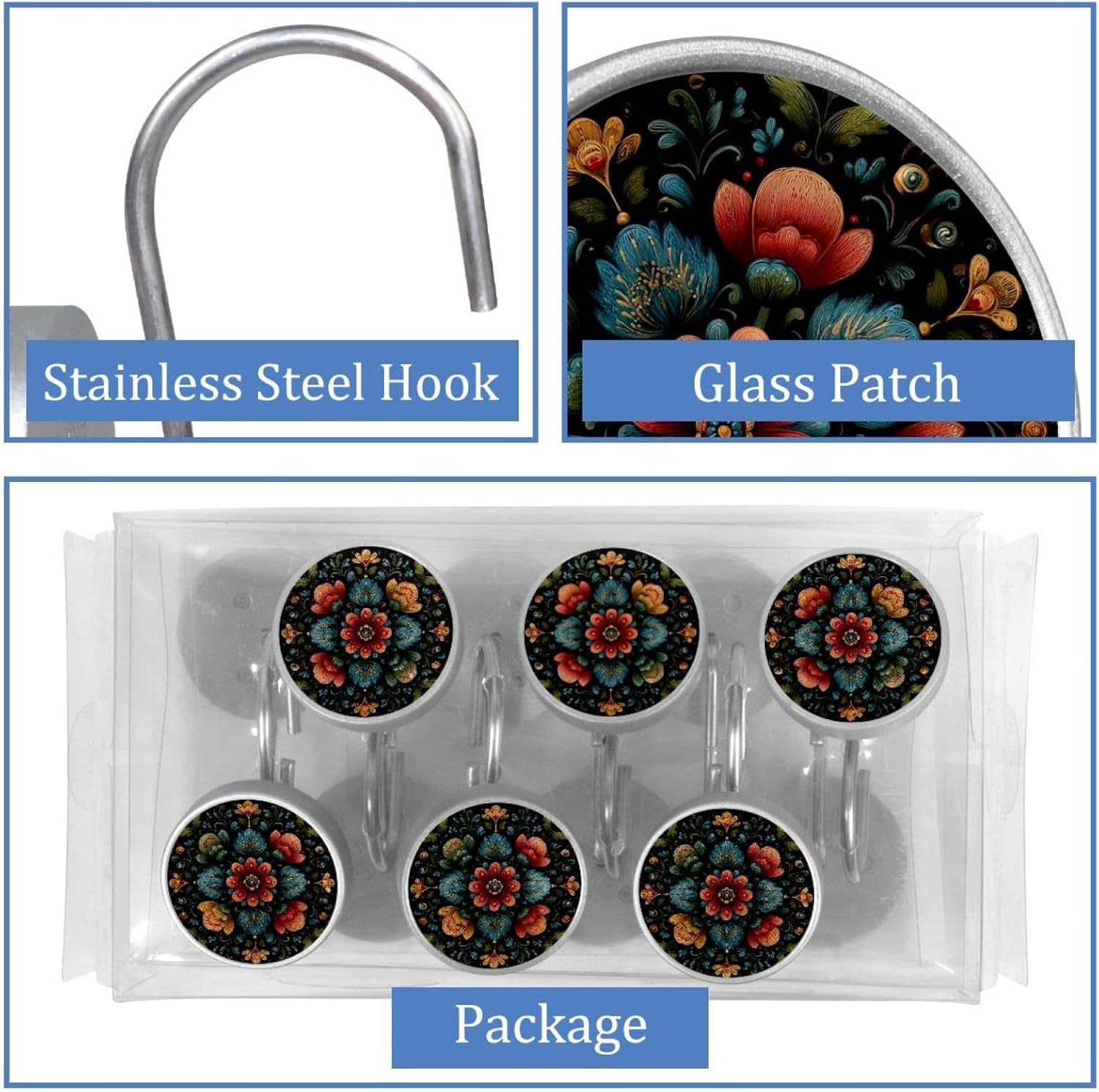 Norwegian Rosemaling Folk Style Flower - 2025-11-19T153540.821 Shower Curtain Hooks, Rust Resistant Crystal Glass Shower Hooks for Bathroom, Glide Shower Rings for Shower Curtain,Liner,Rod-12 Pack