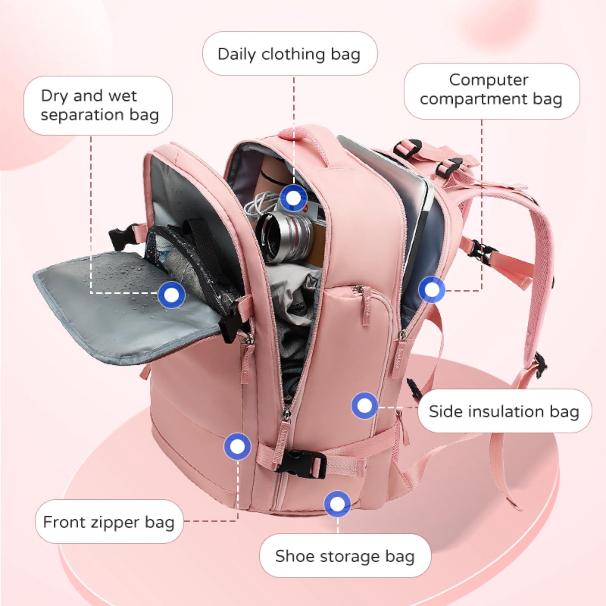 Mochila de Viaje Grande Resistente al Agua con Compartimento para Zapatos, Puerto USB y Antirrobo