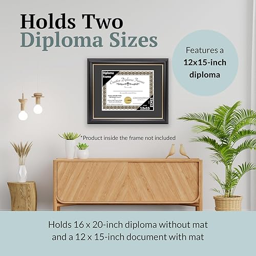 Vista 136 de Creative Picture Frames Marco para diploma Rockefeller de 9 x 12 pulgadas, color negro con borde dorado, muestra un certificado de 9 x 12 pulgadas