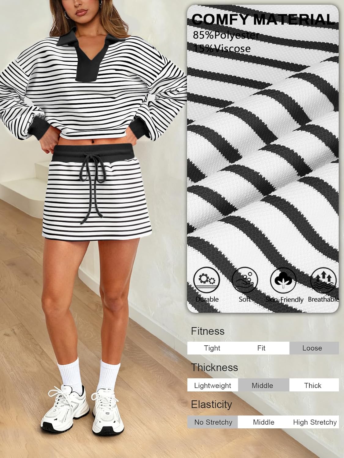 Women's Striped 2 Piece Set for women Sweatshirt Mini Skirt Sets Tennis Workout Tracksuit Matching Lounge Outfits - Image 4