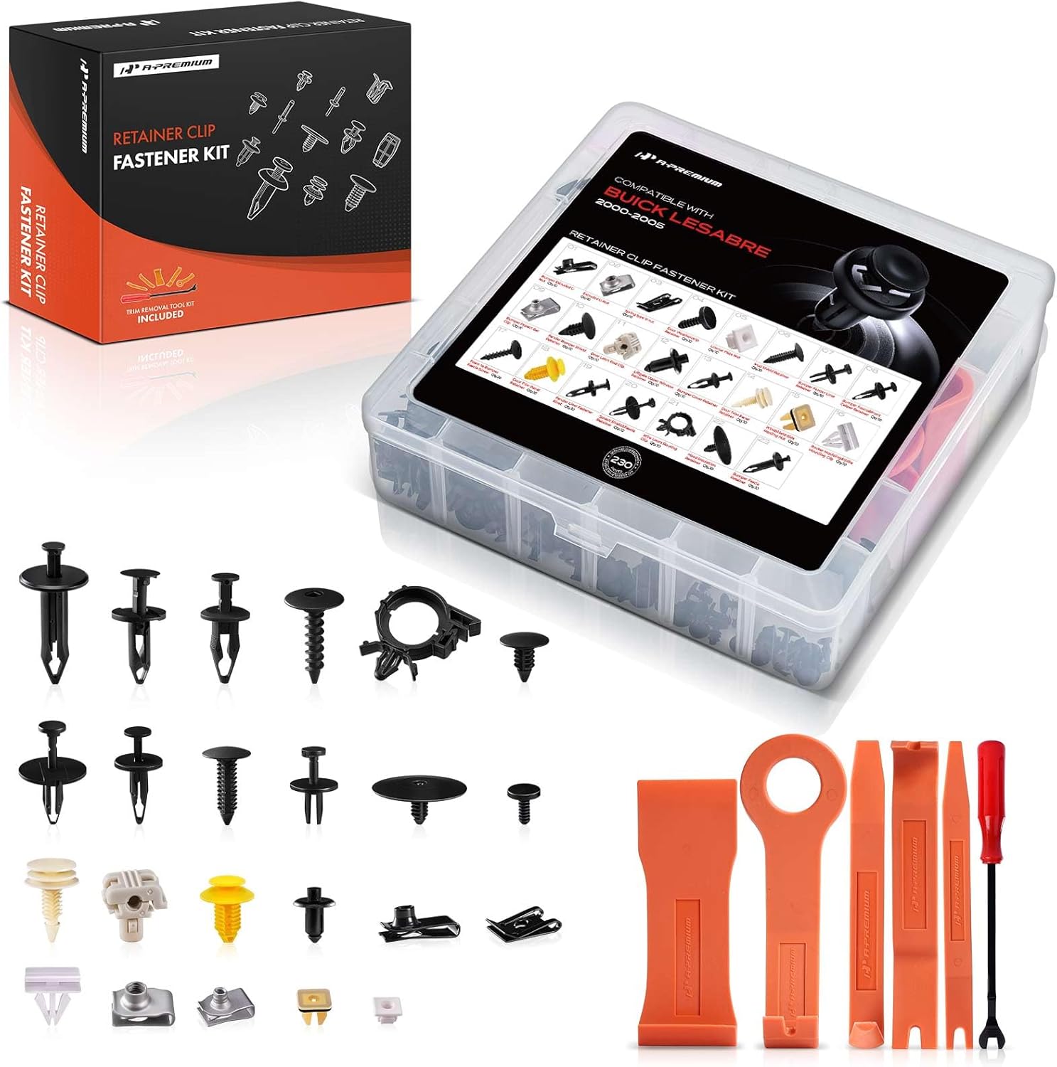 A-Premium 230PCS (23 Sizes/54 oz) Bumper Fender Retainer Clips Kit - Compatible with Buick LeSabre 2000-2005 - Hood Door Trim Panel Push Pin Plastic Nylon Rivet Fastener Set, w/Removal Tool