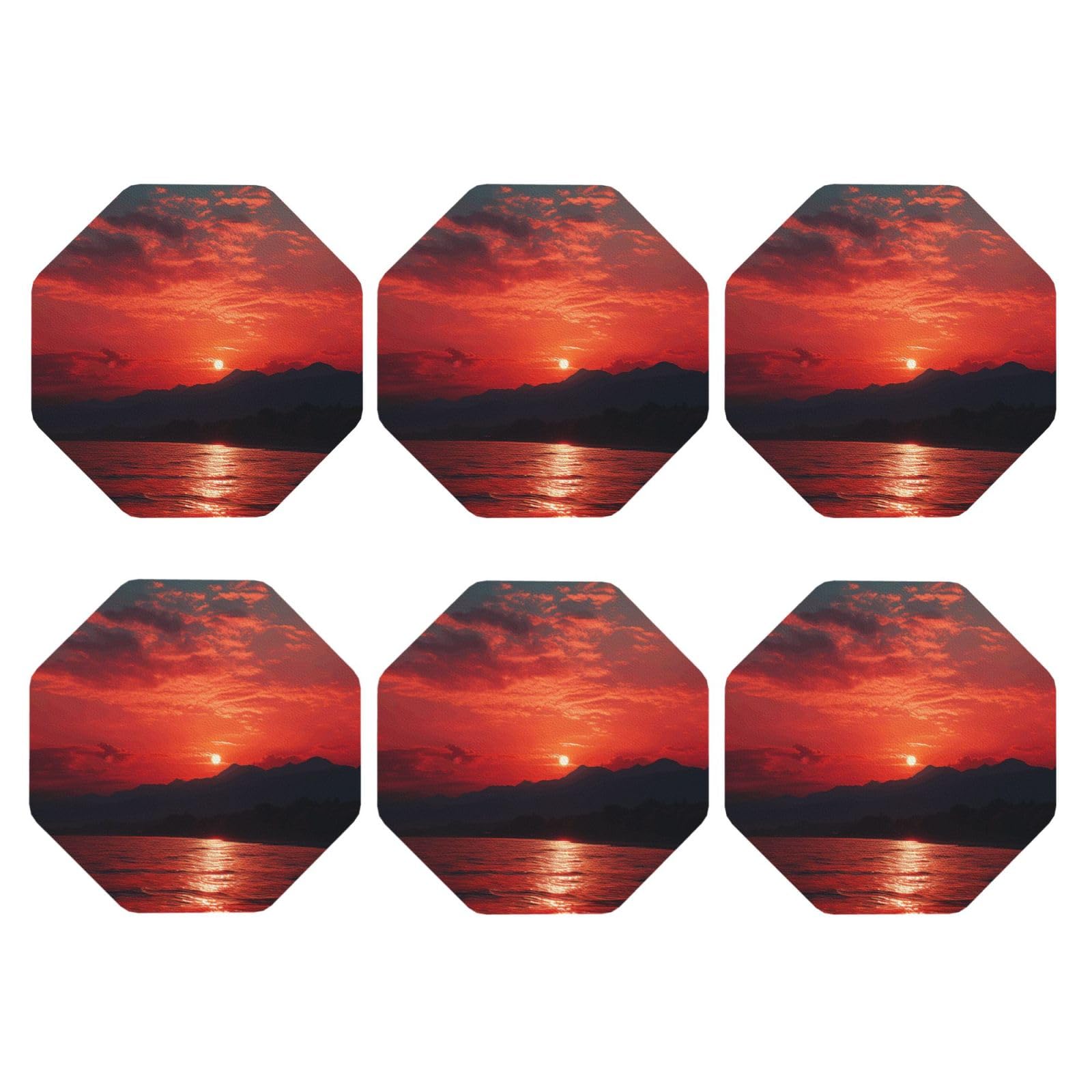 6pcs Leather Coasters for Drinks, Fiery Red Sunset Drink Coasters for Tabletop Protection, 4" Cup Coasters for Coffee Table Decor, Non-Slip Drinking Cup Mat for Hot Or Cold Drink