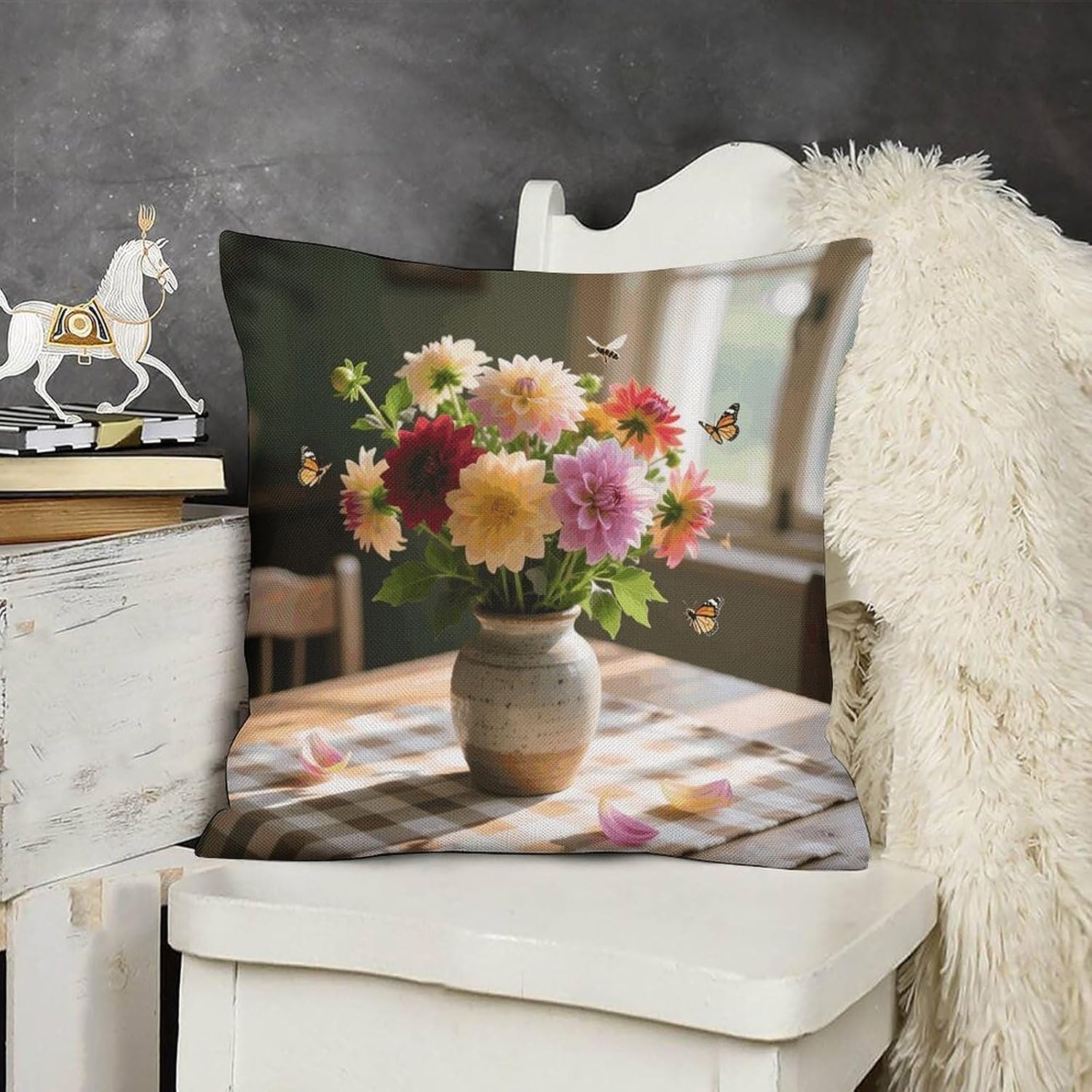 Multi-Colored Dahlias Pillow Protectors Cute Waterproof Pillow Cover Soft Skin-Friendly Cushion Case Decorative Square Cushion Cover for Couch Sofa Bed Living Room Bedroom