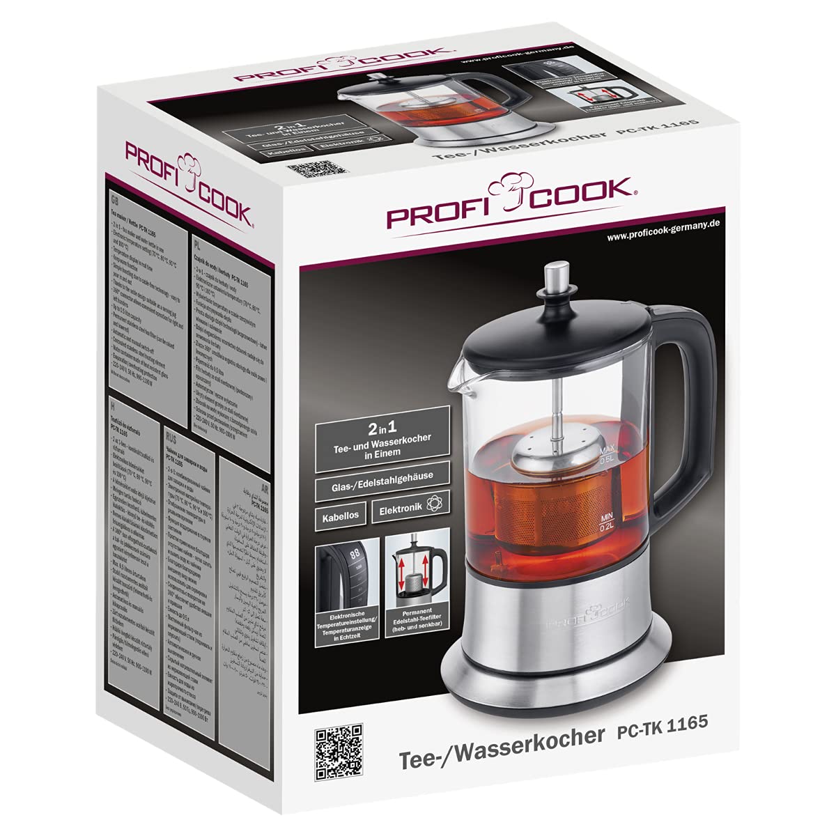 PROFI COOK PC-TK 1165 - Bouilloire 2 en 1 - à thé et à l'eau - Commandes Tactiles - 1100 Watts - Capacité de 0,5 Litres - Couleur Argent