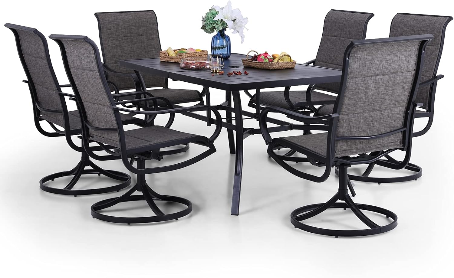 PHI VILLA 7 Piece Patio Dining Set for 6, Outdoor Table and Chairs Furniture Set with 6 Padded High Back Swivel Dining Chairs & 1 Large Metal Dining Table (1.9" Umbrella Hole), for Deck Lawn Garden : Patio, Lawn & Garden