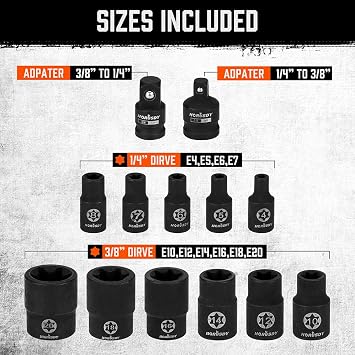 HORUSDY E-Torx Socket Set 13-Piece External Socket Set | 11-Piece Female E-Torx Sockets (E4-E20) Star Socket Set | 2-Piece Impact Socket Adapter Set