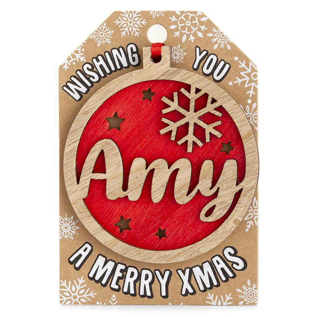 Personalised Wooden Amy Name Red Hanging Christmas Tree Bauble Decoration