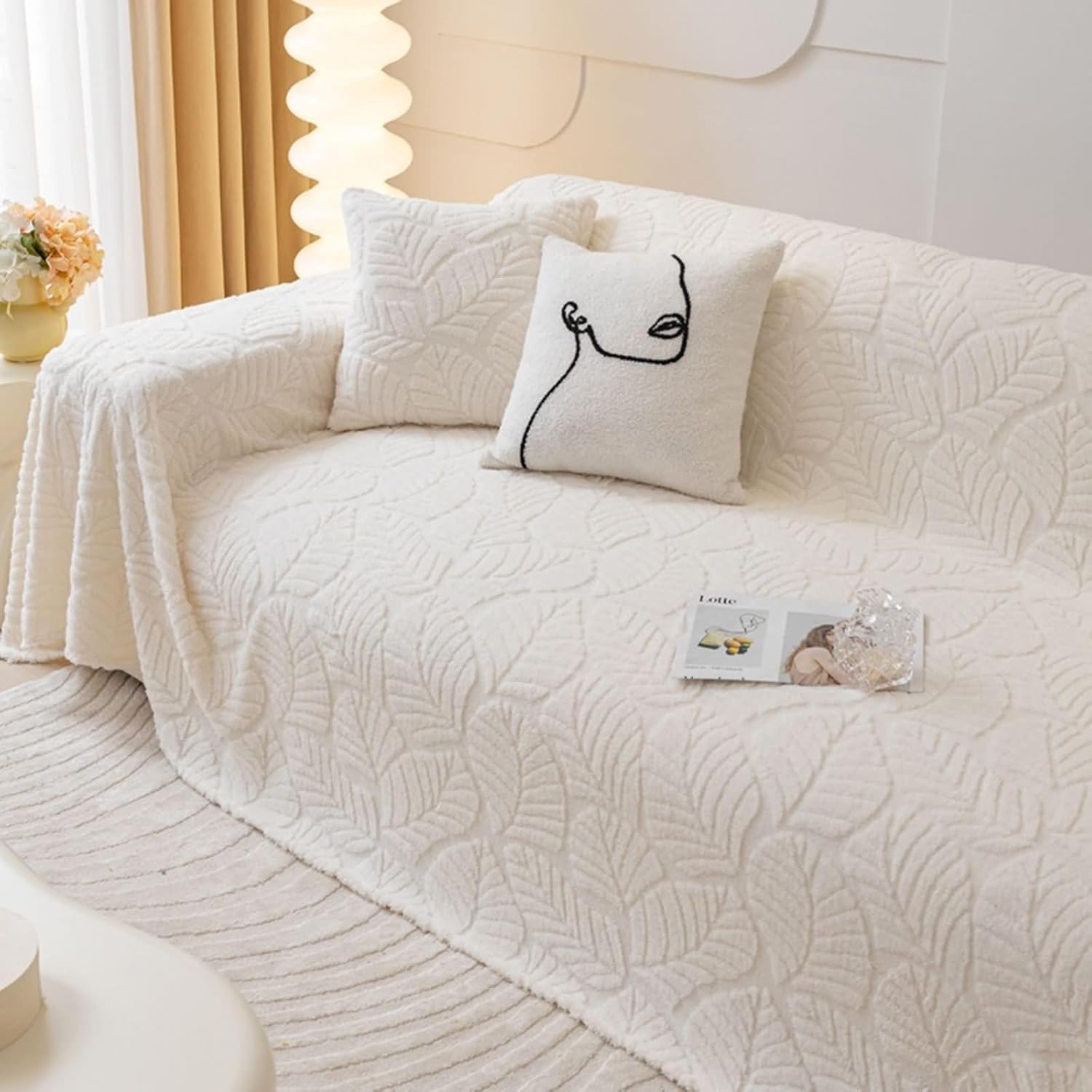 Sofa Cover, Beige White Plush Couch Covers Solid Color with Leaves Pattern 2 Seater(180X230CM)