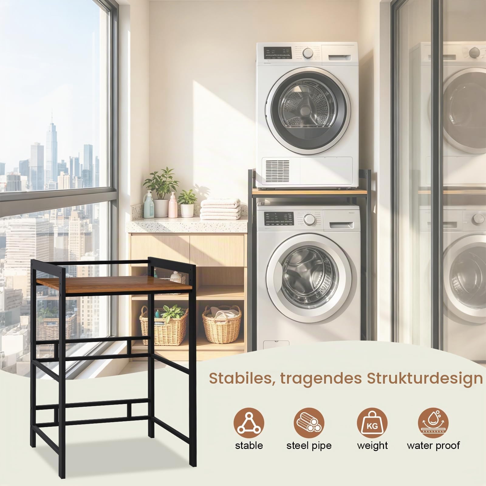 Waschmaschinenregal 3 Höhenverstellbar, Verstellbar Waschmaschine Trockner Schrank, Regal für Waschmaschine, bis 350 kg, Schrank für Waschmaschine und Trockner, 69x65x102cm (Schwarz)