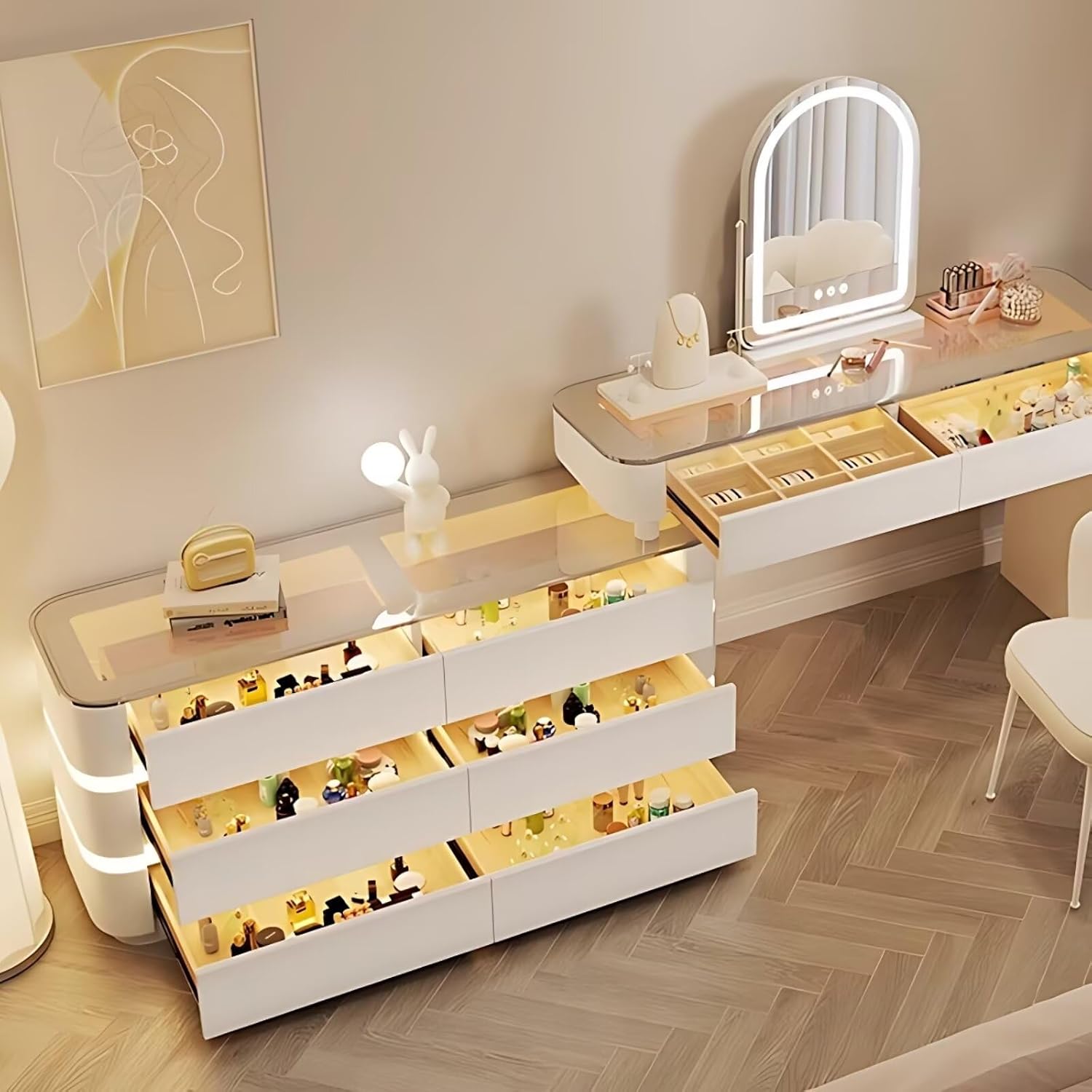 Makeup Vanity - Solid Wood Vanity Set with 8 Drawers and Atmosphere Light, White Dressing Table with Smart LED Lights Mirror and Chair, Tempered Glass Tabletop (47'')