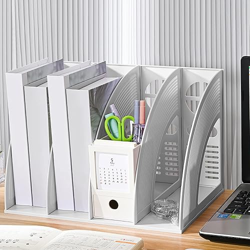 Miniatura 7 de SAYEEC Carpeta de almacenamiento para archivos, 4 compartimentos, organizador hueco de escritorio, marco de estante de archivo, marco de papel de