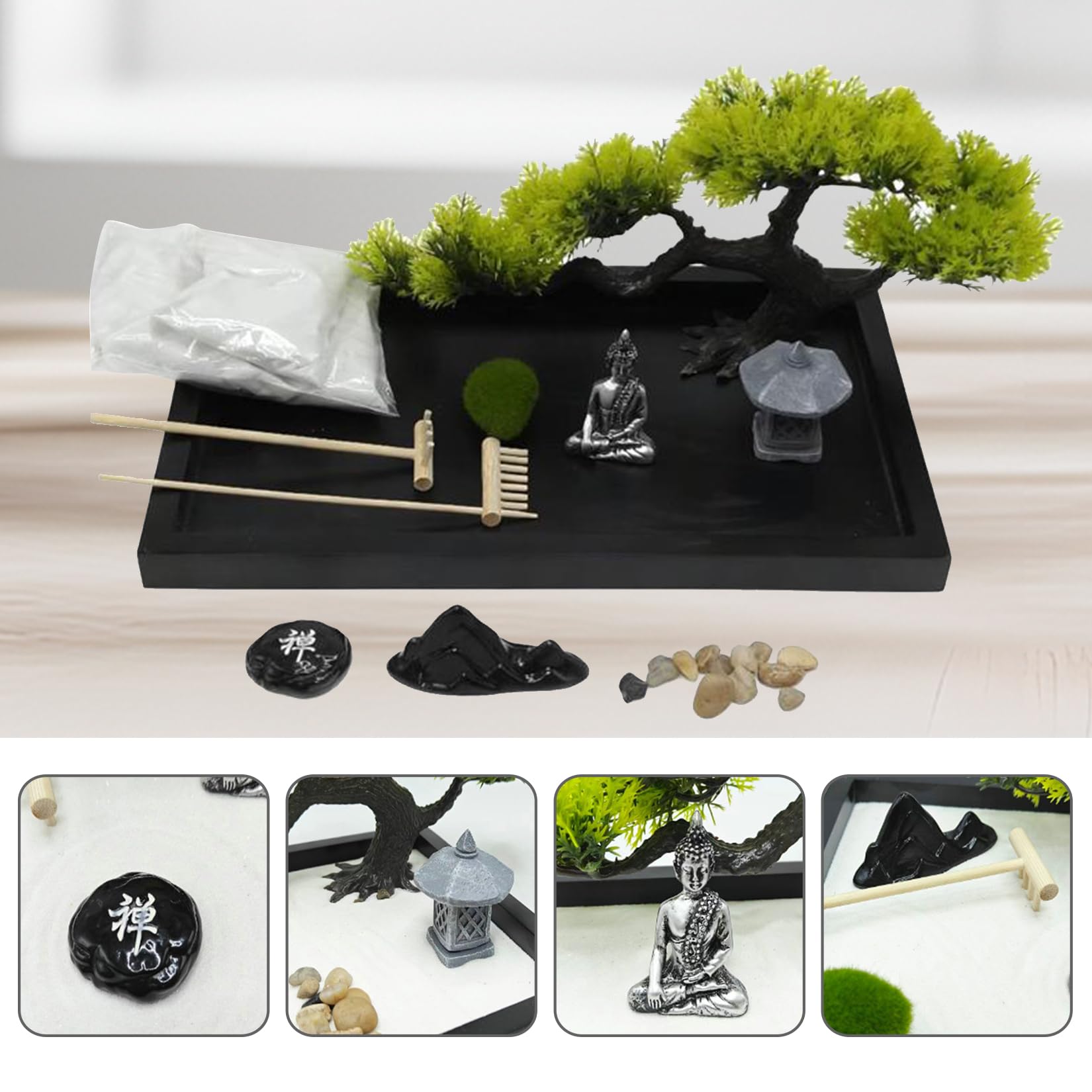 Giardino zen da tavolo in miniatura 12x8 pollici Contiene Statua Barra di spinta Sabbia Vassoio Pietre ecc Per la decorazione fai da te a casa o in ufficio come regali di meditazione