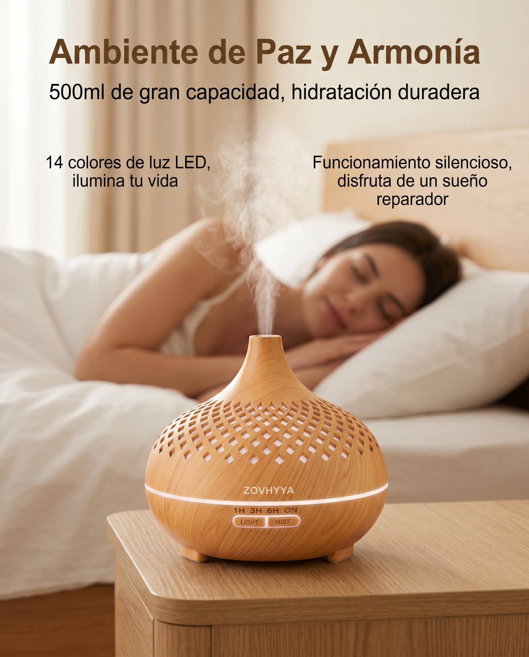 Difusor de Aroma 500ML Humidificador con 14 Luces LED Control Remoto 4 Temporizadores y 2 Modos de Pulverización para Hogar Dormitorio y Oficina