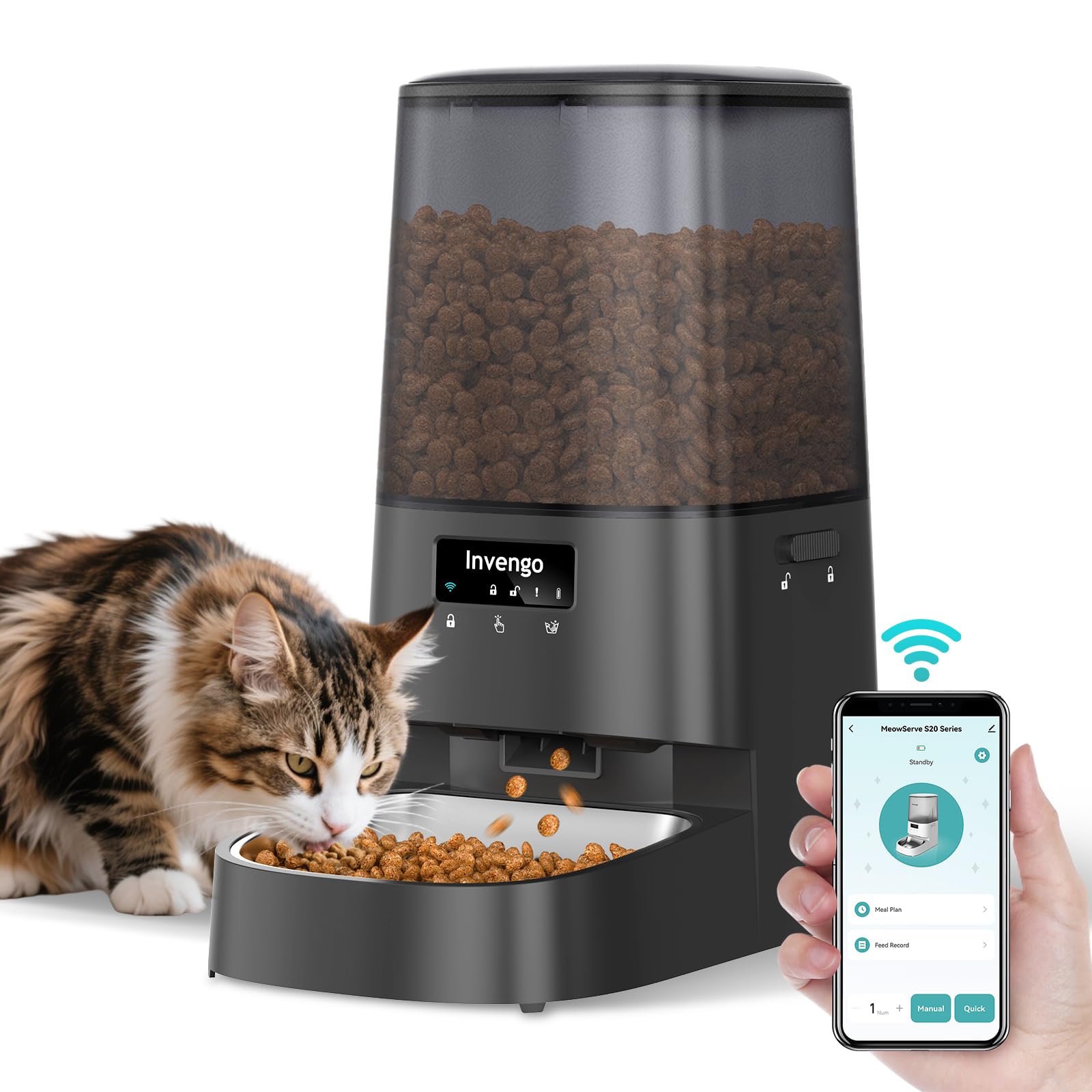 Invengo Automatic Cat Feeder with App Control, 5L Food Dispenser for Cats and Small Dogs, 2.4/5G Wi-Fi, Dual Power, Programmable Portions, Anti-Jam & Fresh-Lock, Stainless Steel Bowl, Easy to Clean
