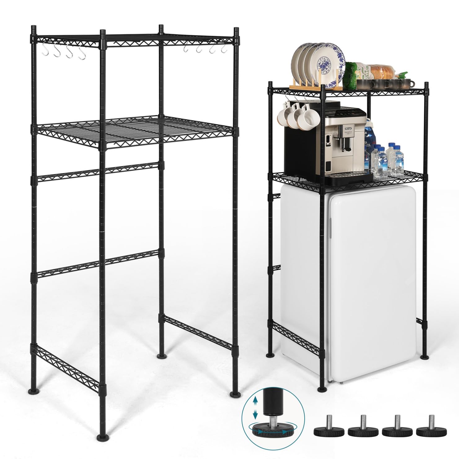 KELIXU Mini Fridge Shelf 2-Tier Metal Mini Fridge Stand with Storage, Adjustable Height Microwave Stand Multifunctional Rack for Dorm, Kitchens, Offices, Easy to Install, 52” H x 24” W x 18” D, Black