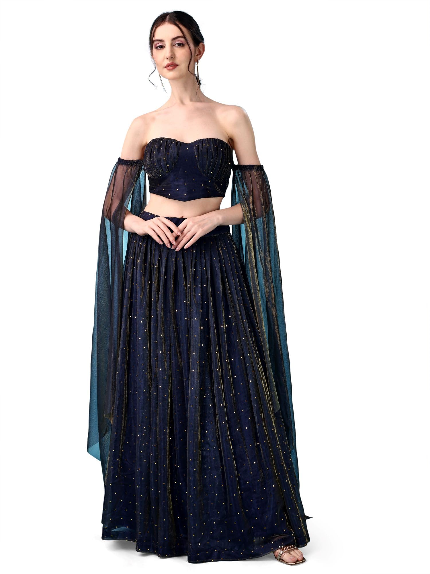 Purvaja Women's Polyester Lehenga Choli (Emmy-Navy-Blue Free Size)