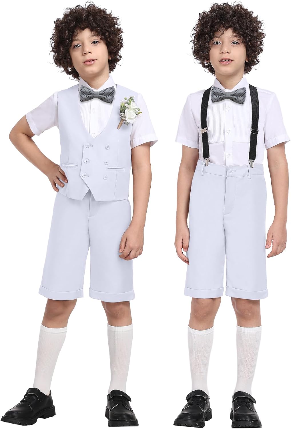 Boys Suit Kids Short Suit Tuxedo 6 Pcs Dress Clothes Short Sleeve Wedding Ring Bear Outfits Jacket Vest Shirt with Bow Tie
