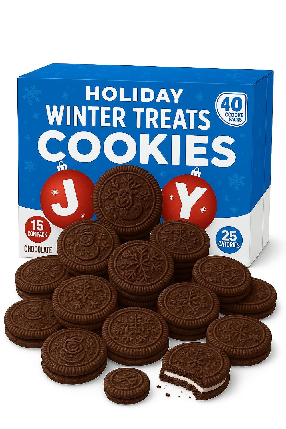 Winter Treats Cookie Variety Pack – 40 Count – Holiday Chocolate Sandwich Cookies with Red & White Creme – Festive Christmas Cookie Box for Kids, Parties, and Gifts