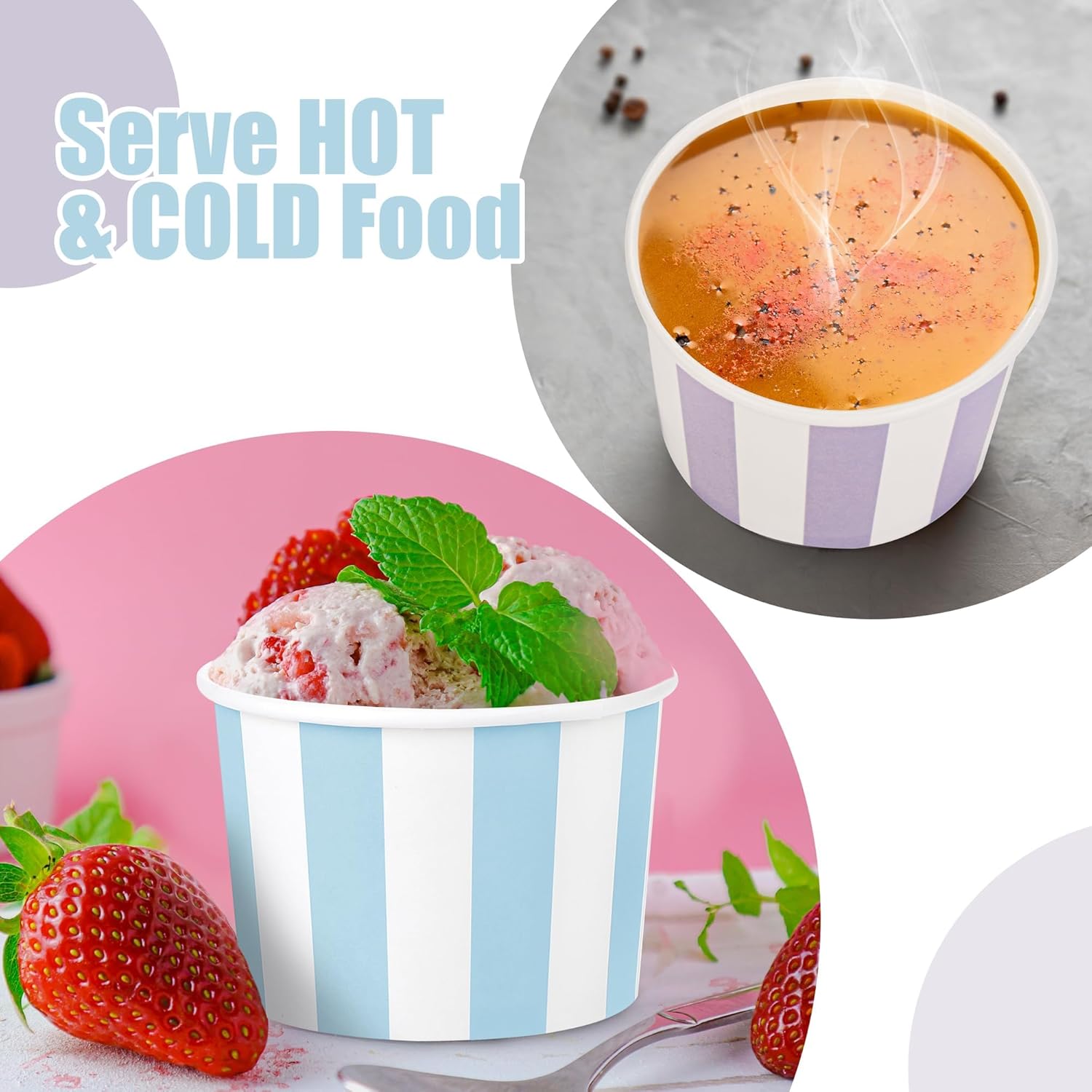 Kochorie 300 Pack Paper Ice Cream Cups 8oz Disposable Dessert Bowls with Striped Design Ice Cream Containers Paper Dessert Yogurt Bowls for Hot or Cold Food Birthday Party Bar Supplies, 6 Colors