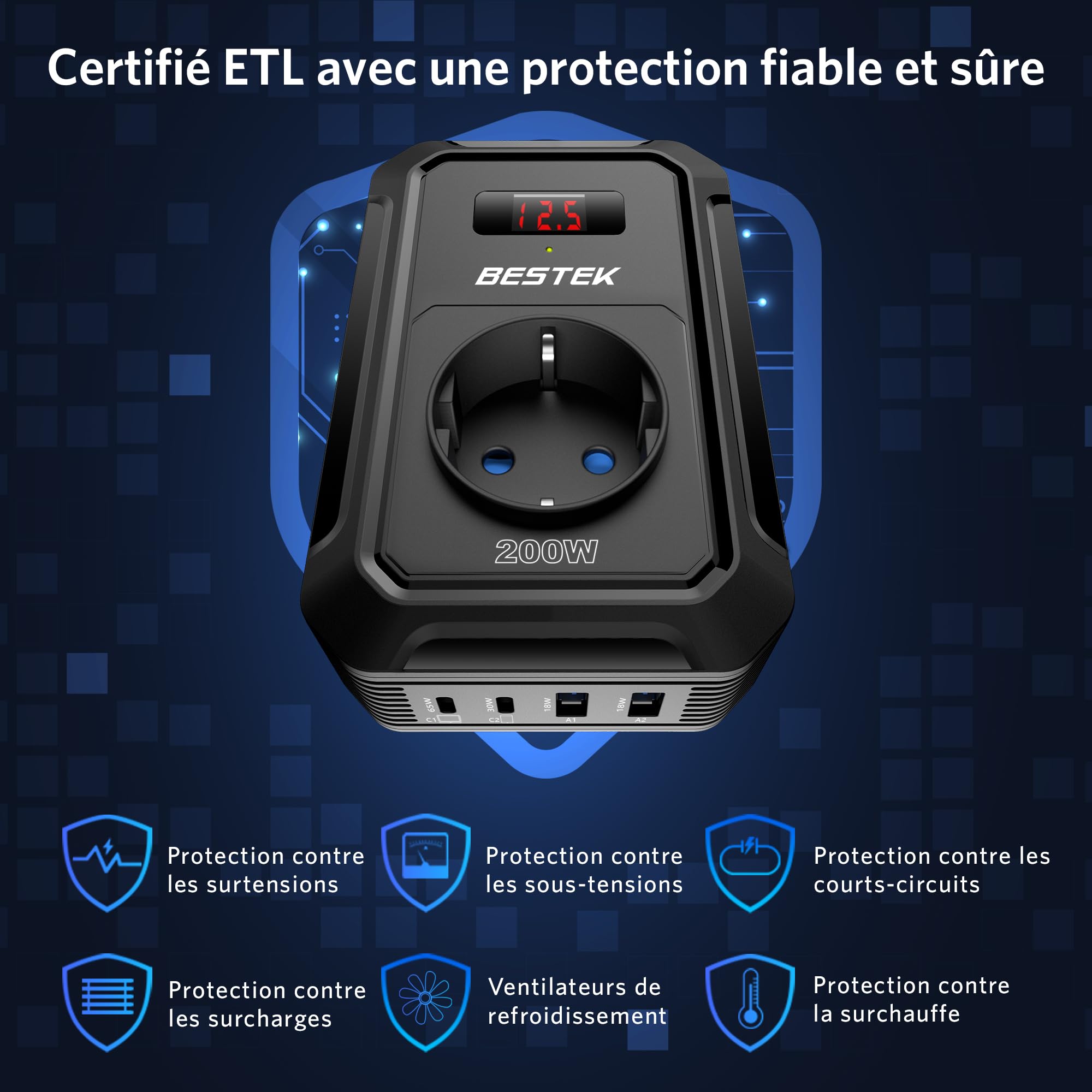 BESTEK Convertisseur 12v 220v 230v 240v 200W Prise Allume Cigare Transformateur de Tension,4 Ports USB et 1 Prises EU, Chargeur Voiture Camping Car avec Multi Protections (Noir)