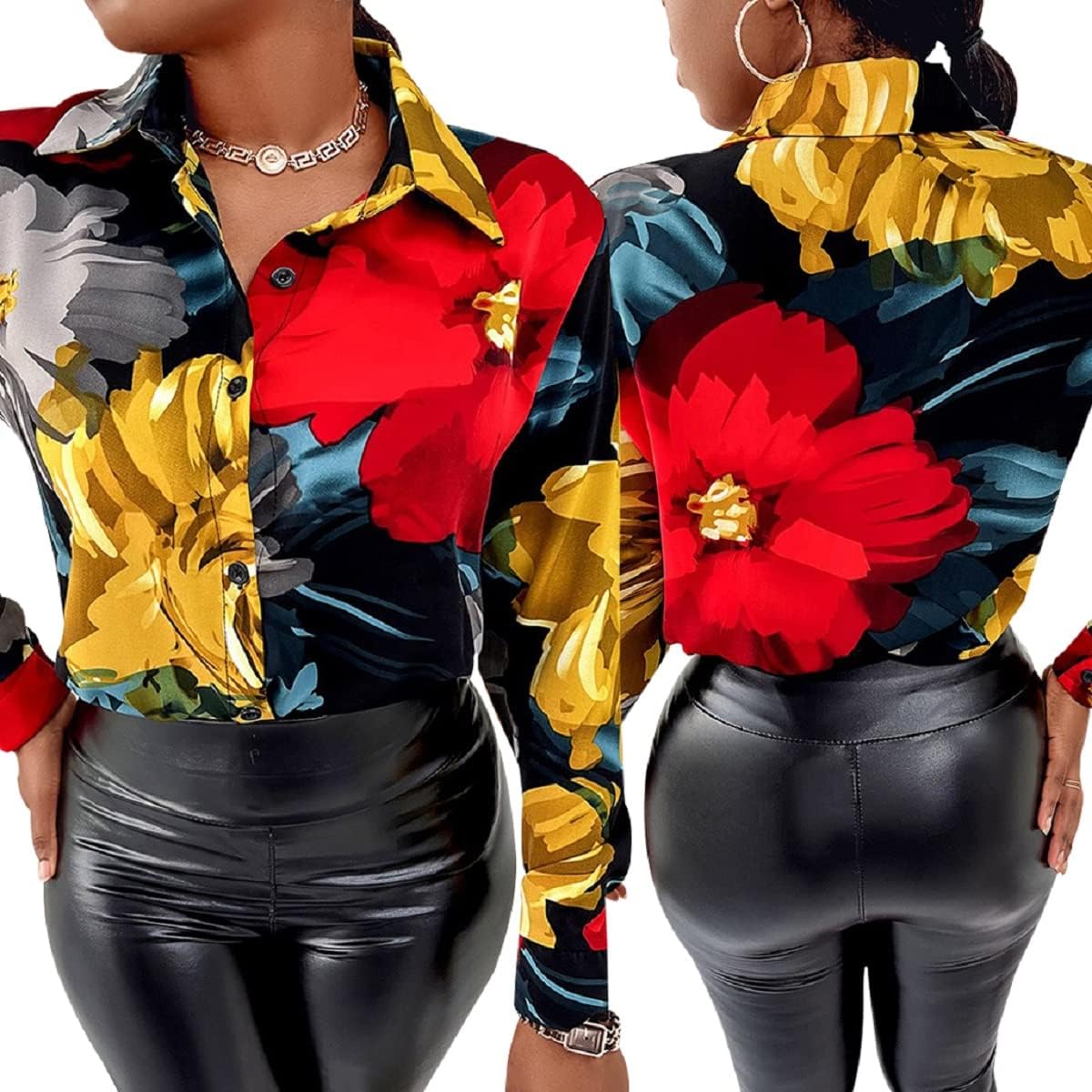 Long Sleeve Shirts for Women Dressy Blouses & Button-Down Shirt Colorful Floral Print Loose Collar Sexy Tops Fashion - Image 2