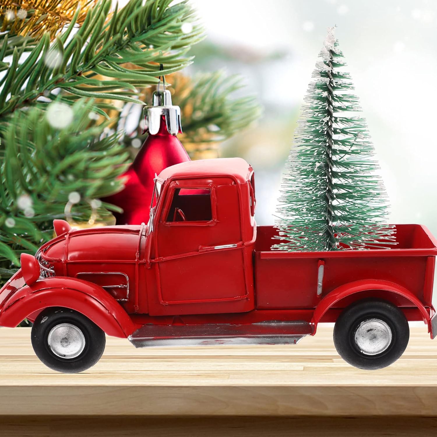 Retro Red Truck Metal Truck Ornament Xmas Adornment Christmas Truck Xmas Red Truck Model Christmas Truck with Tree Models Metal Car Craft Car Model Wrought Iron