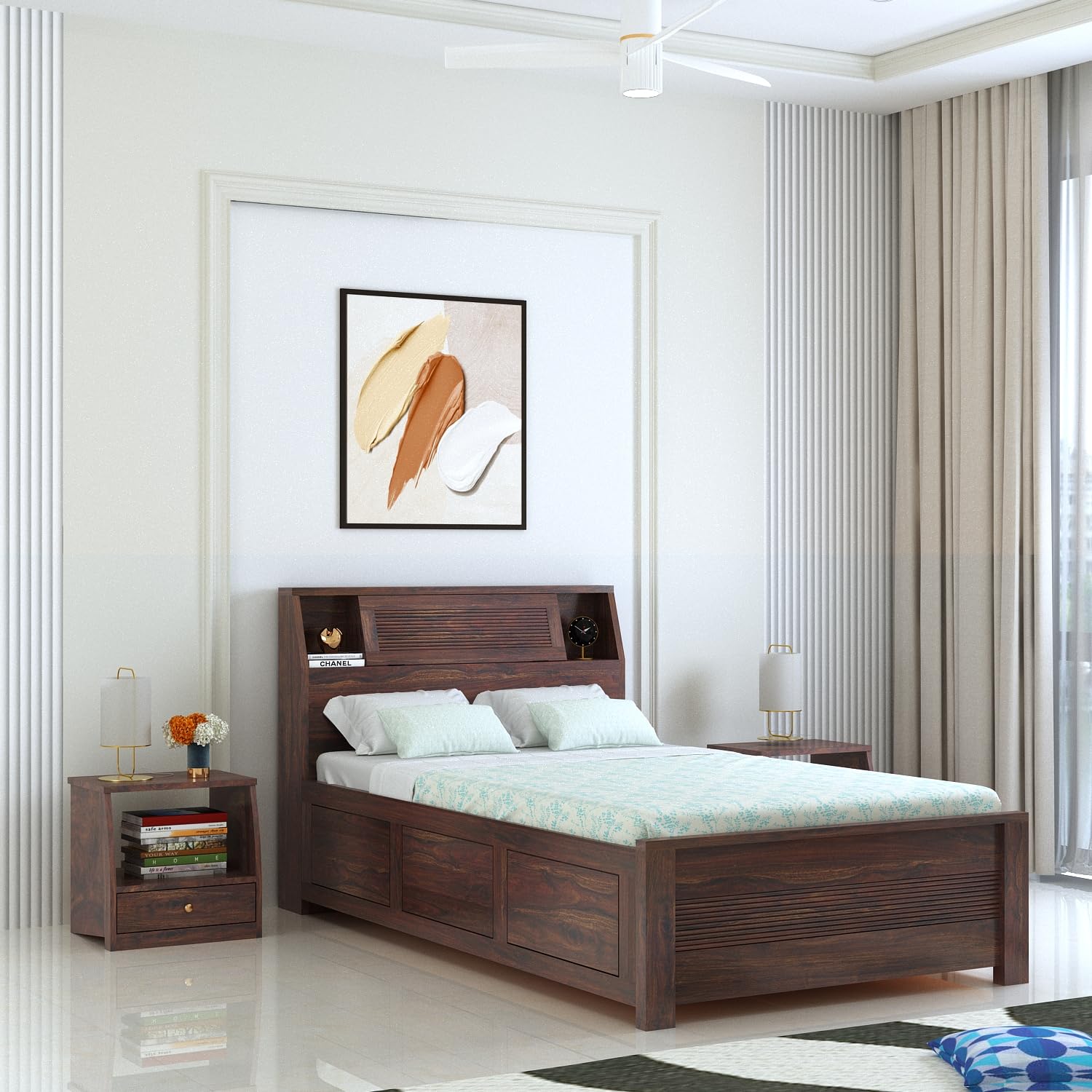 Ganpati Arts Solid Sheesham Wood Marine Groove 4 Feet Bed with Box Storage and Large Headrest for Living Room Bedroom Home (Walnut Finish) 1 Year Warranty discount deal