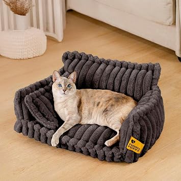 FUNNY FUZZY Cat Bed, Fluffy Orthopedic Supportive Pet Sofa Pillow, Grey | Cat Beds for Indoor Cats, Cozy Corduroy Flannel, Small Dogs, Removable Cover, Non-slip, Snoozy Dream 23.6"17.7" Up to 15 Lbs
