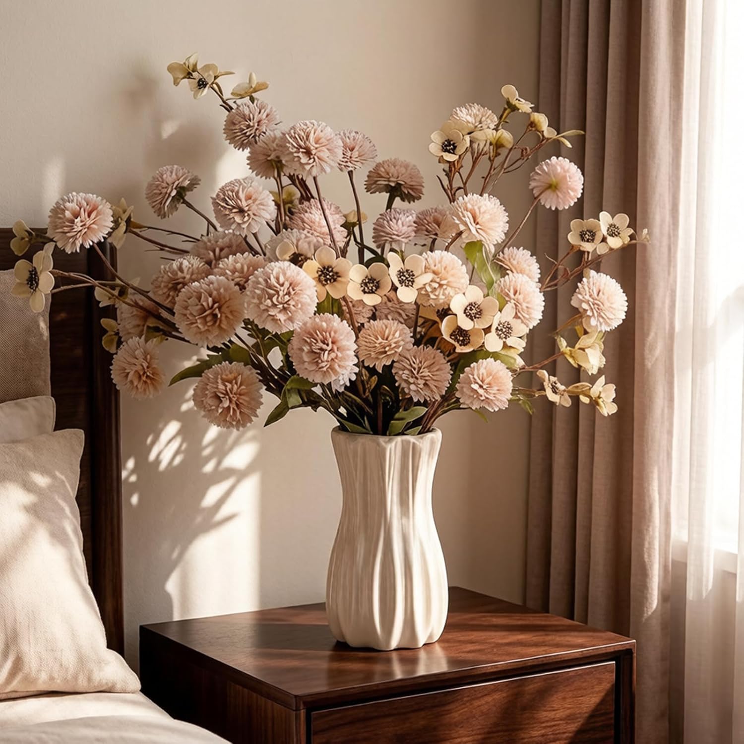 13Pcs Faux Silk Pompom Mums Artificial Flowers for Vase – Long Stem Fake Chrysanthemum Kiku Flower with Wax, Dried Flowers Floral Arrangement for Centerpieces, Indoor Home Decor (No Vase)