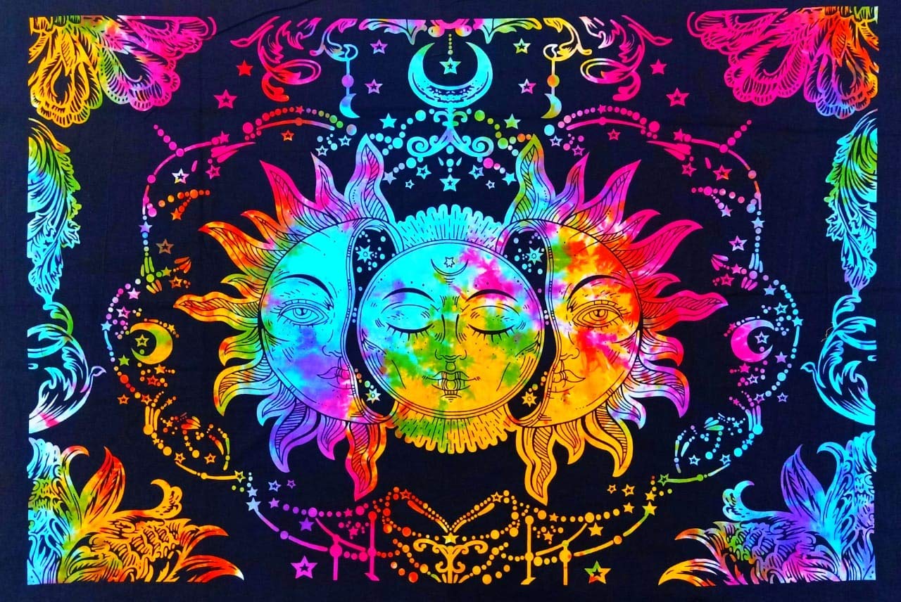 Raj Handicrafts Cotton Psychedelic Sun Moon Tie Dye Mandala Hippie Hippy Celestial Indian Bohemian Wall Hanging Tapestry Poster (Multicolour, 40X30 Inches)