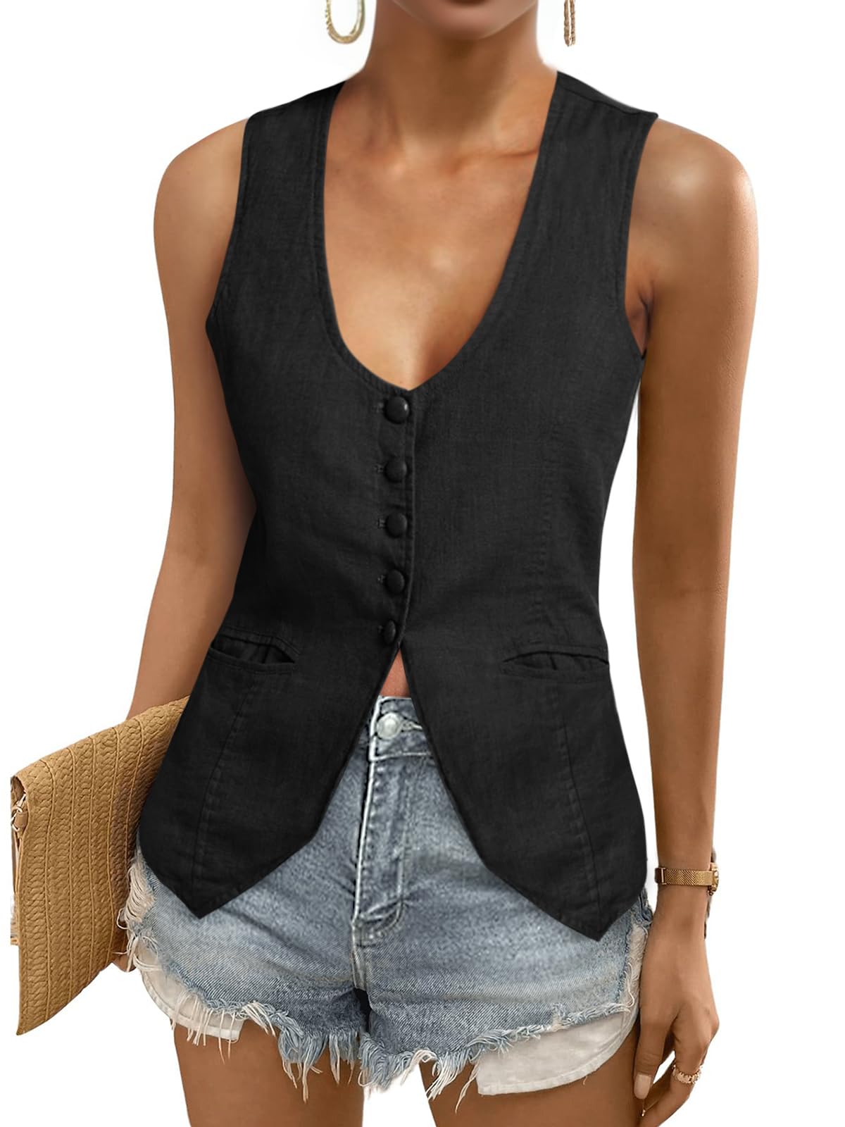 tankaneo womens scoop neck blazer vest summer linen sleeveless fitted waistcoat work casual cotton suit tops